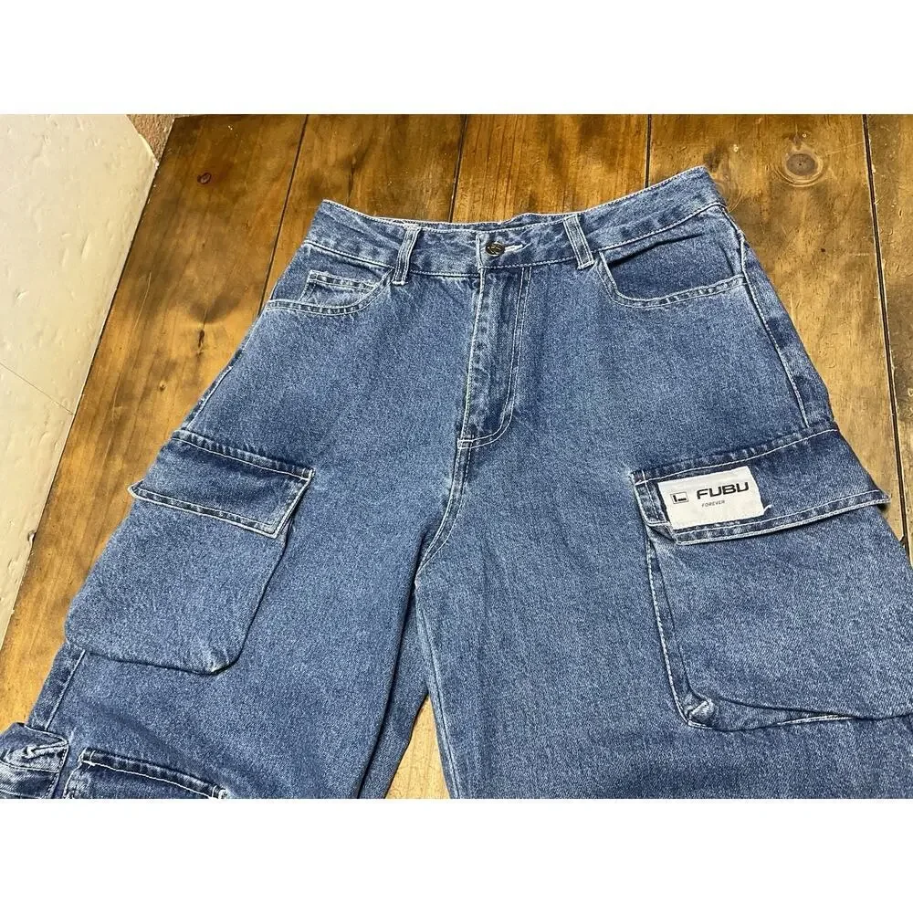 Forever 21 FUBU Denim Cargo Jeans Baggy Y2K Wide Leg Skater Womens Medium 28x31 - Picture 2 of 16